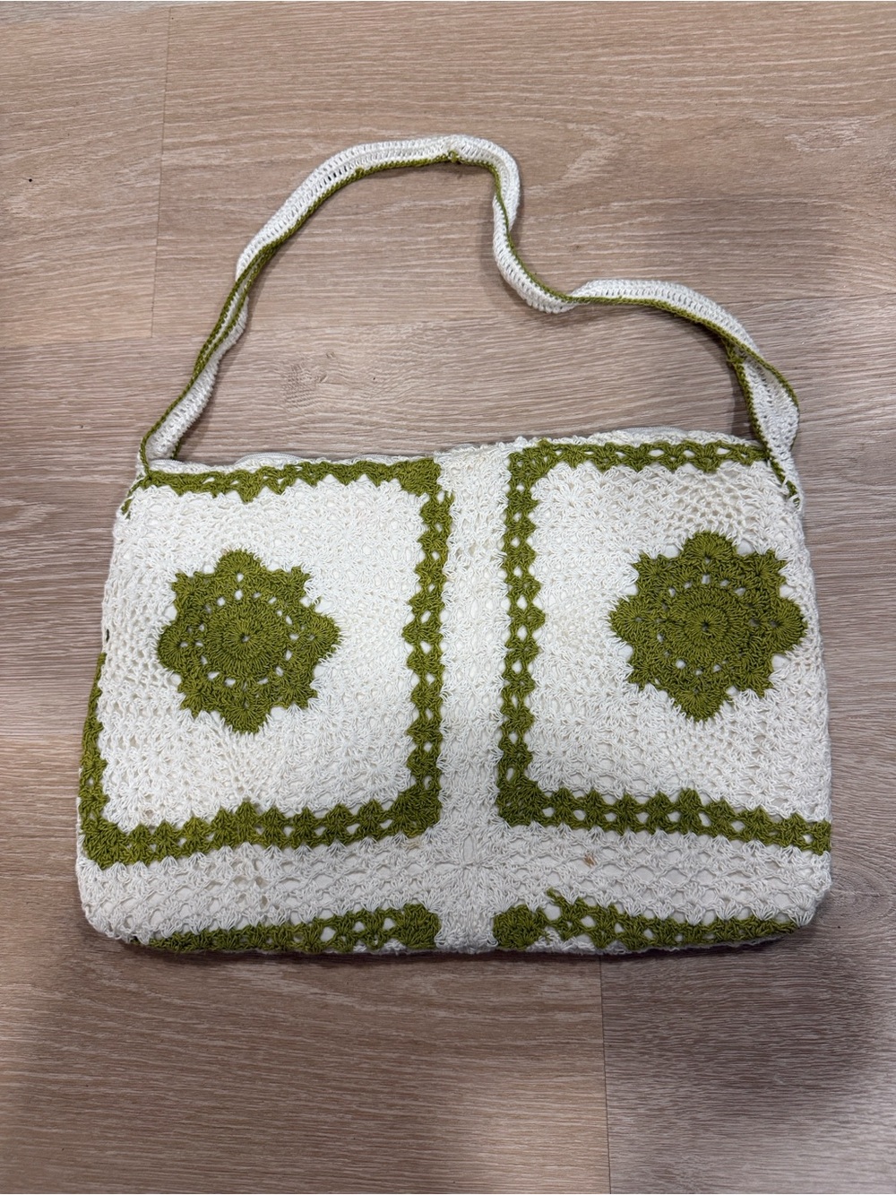 Handmade Cream and Olive Crochet Shoulder Bag
